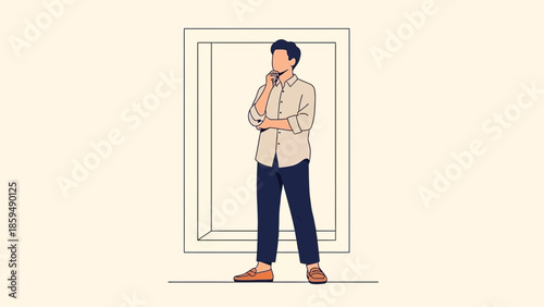 Contemplative person standing near a window with thoughtful pose and casual attire in minimalist