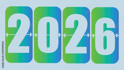 Vector  illustration of Year 2026 flip clock display with blue and green gradient digits on a light blue background
