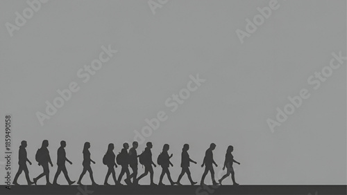 Business People Walking in Line Silhouette on Gray Background