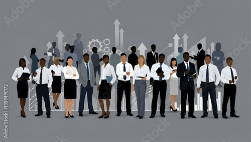 Diverse Business Professionals Standing Together with Upward Arrows Symbolizing Success and Growth