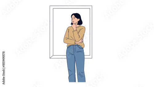 Contemplative woman standing by window in casual attire with thoughtful expression