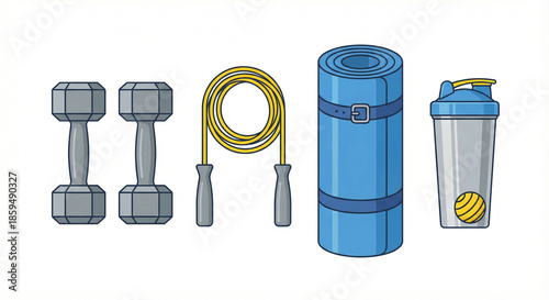 Set of workout equipment including dumbbells a jump rope yoga mat and protein shaker