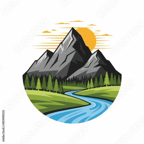 Wallpaper Mural Majestic Mountain Landscape with Winding River and Sunset. Torontodigital.ca