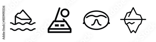 Simple black and white line drawings depicting a boat iron face and mountain with waves