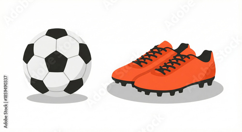 The soccer ball with black and white patches and the cleats ready for the big sports game