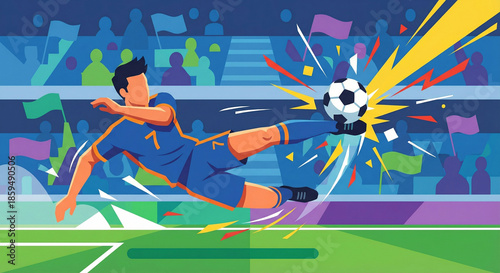 A soccer player kicks the ball with power and precision as the crowd cheers from the stands