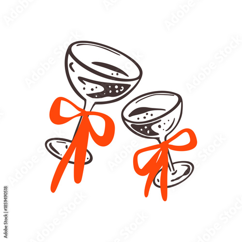 Elegant champagne glasses clinking in celebration, adorned with delicate bow ribbons. Perfect for weddings, bachelorette, festive Christmas toasts and party invitations. Whimsical coquette drawing