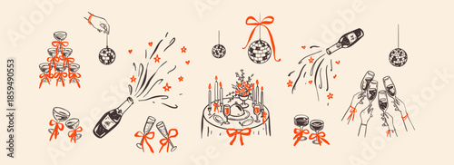 Set of hand drawn crayon doodle whimsical design elements, icons, illustrations for wedding, bachelorette, birthday party invitations. Champagne popping bottle, cocktail glass tower with coquette bow