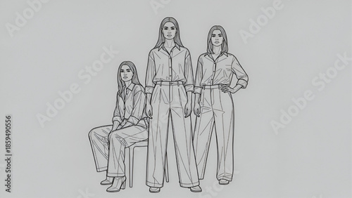 Three Women Standing and Sitting in Elegant Outfits Isolated on Grey Background