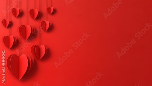 Hanging red paper hearts decoration on a red background
