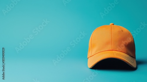 Bright orange cap placed on a blue background with a clear focus on its design and shape in a simple setting