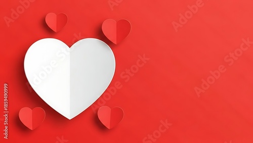 A large white heart stands out on a vibrant red background with smaller red hearts surrounding it.