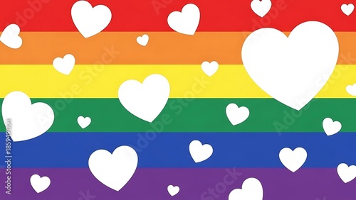 Rainbow flag with white hearts symbolizing love and pride
