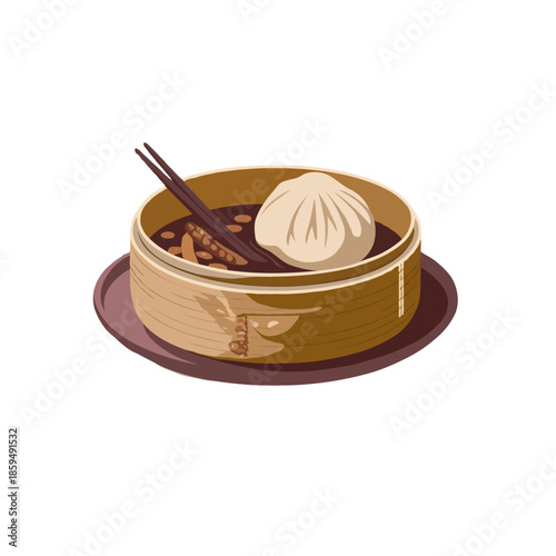 Delicious steaming hot soup dumpling served in a traditional bamboo steamer basket with chopsticks on a saucer isolated on white background