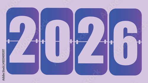 Vector  illustration of Year 2026 flip clock display with blue and green gradient digits on a light blue background