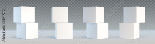 Stacked 3D cubes set isolated on transparent background. Vector realistic piles of abstract white boxes, front and angle view with soft shadows, presentation podium mockup, geometric platform design