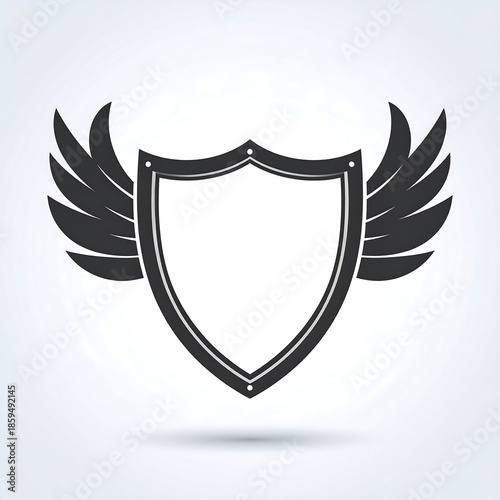 A simple, black emblem featuring a shield shape with a bright interior, framed by a dark outline, and two wings on either side