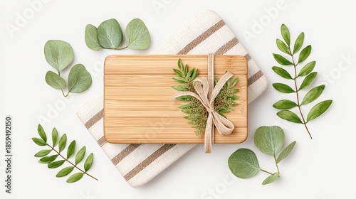 Elegant Wooden Board Surrounded by Fresh Greenery and Textiles