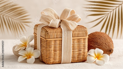 Elegant Woven Basket with Ribbon and Tropical Elements for Decor
