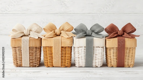 Elegant Gift Baskets with Ribbons on Rustic Wooden Background