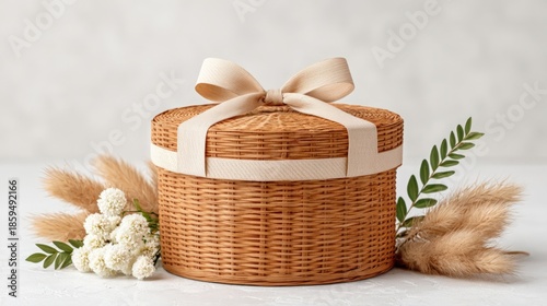 Round Woven Basket with Elegant Ribbon and Fresh Floral Arrangement