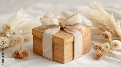 Elegant bamboo gift box with decorative ribbon and natural accents