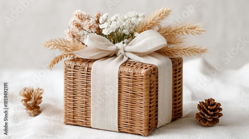 Elegant Woven Basket Arrangement with Dried Flowers and Natural Elements