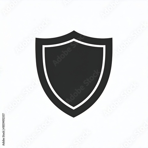 A simple, black shield illustration, featuring a white border, centered on a white background. This design evokes protection and security