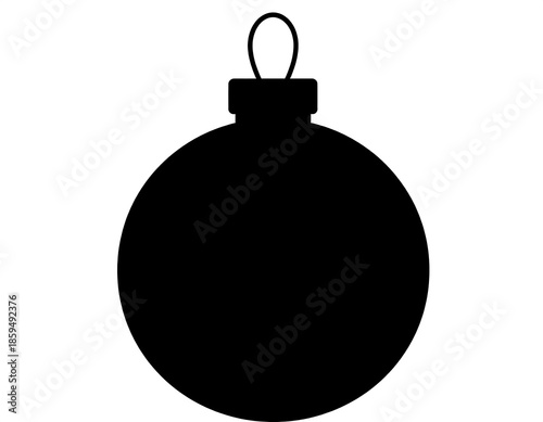A simple, black silhouette of a Christmas ornament, featuring a rounded shape with a small stem and loop for hanging. It's set against a blank white backdrop