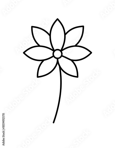 A simple, black-outlined flower illustration on a stark white background. The image depicts a six-petaled blossom with a single stem