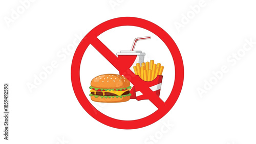 Illustration showing a forbidden sign overlaying a classic fast food combo including a cheeseburger french fries and a soda drink to signify a healthy lifestyle choice.