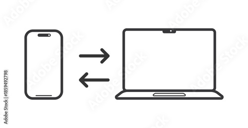Isolated pictogram of modern smartphone with laptop and arrows, representing digital data synchronization, cross device connectivity, file transfer, cloud sharing, and technology integration.