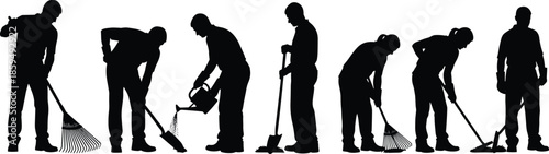 Cleaning workers silhouette set with tools, janitorial staff performing maintenance, teamwork concept, isolated black figures on white background illustration vector