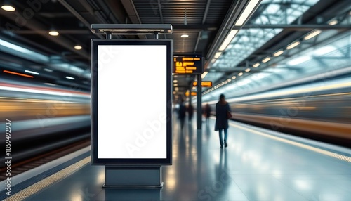 A blank advertising display stands on a platform at a train station. A blurred train passes in the background, and people are walking on the platform. The station has overhead lighting and digital sig