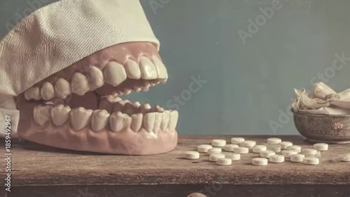A close-up still life features a vintage dental model, showcasing an open mouth with visible teeth and gums, draped with a white cloth resembling a bandage. Scattered across an aged wooden surface in 