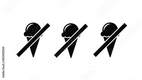 Simple black and white graphic icon illustrating a prohibition or restriction against eating or serving ice cream cones