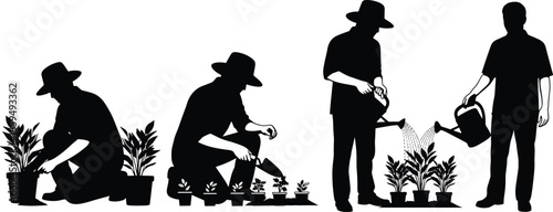 Gardening people silhouette planting and watering potted plants, teamwork home garden care concept, isolated white background vector illustration design elements