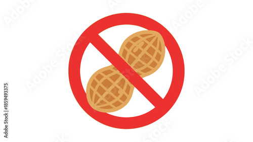 Simple graphic illustration representing a strict peanut free zone warning symbol indicating no groundnuts are allowed in this area due to allergy concerns
