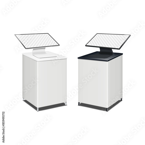 Table with touch screen self-service digital kiosk. Black and white. Realistic 3d vector mockup. Touchscreen desktop computer. Easy editable mock-up. Flat panel monitor blank display stand. Template