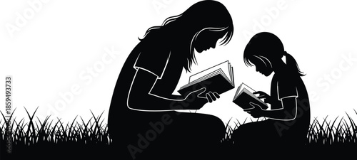 Mother and daughter silhouette reading books together outdoors, family education bonding concept, childhood learning moment isolated white background illustration vector