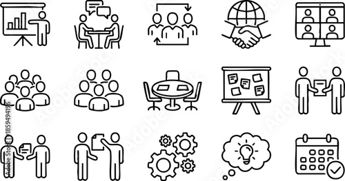 Collection of simple line icons representing business and teamwork concepts