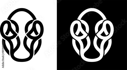 Abstract intertwined shapes forming a symmetrical emblem on contrasting backgrounds