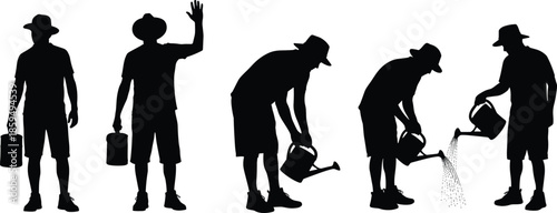 Silhouette gardeners watering plants, male farmer sequence with watering can, outdoor gardening activity, isolated vector illustration, agriculture concept, design, stock