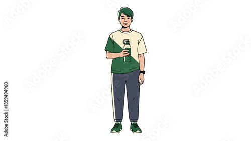 Illustration of a young person with green hair holding a disposable coffee cup and wearing casual