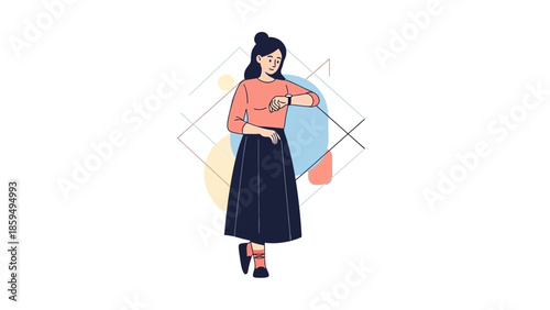 Illustration of a young woman checking her wristwatch with modern geometric design elements in the