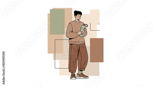 illustration of a young woman standing and using her smartphone with abstract geometric background