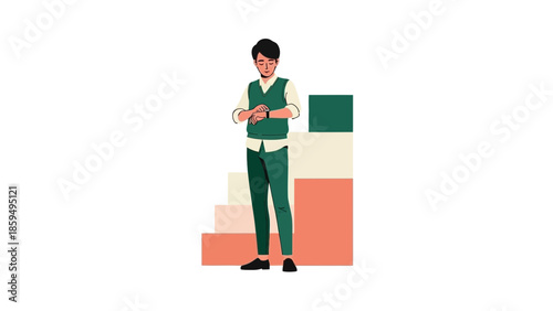 Illustration of a young woman standing on ascending colorful blocks checking her smartwatch