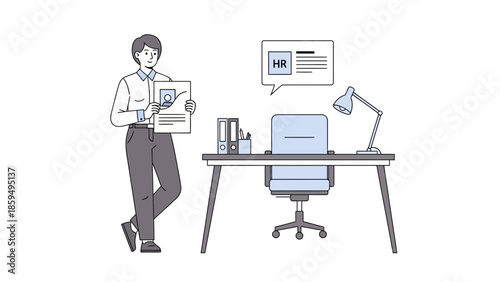 illustration of a young woman weekday office worker standing near desk with HR document and modern