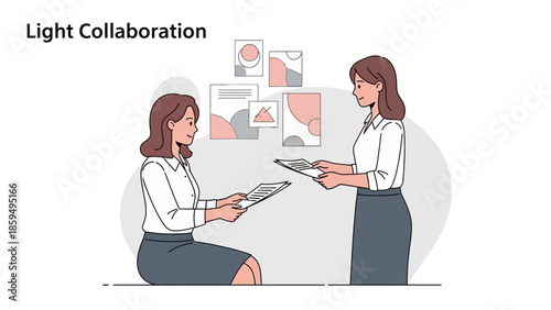 illustration of two women collaborating and discussing ideas in an office environment