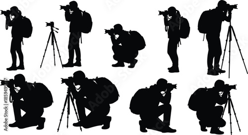 Photographer Silhouettes with Cameras and Tripods on White Background Keywords: photographer, camera, tripod, silhouette, man
